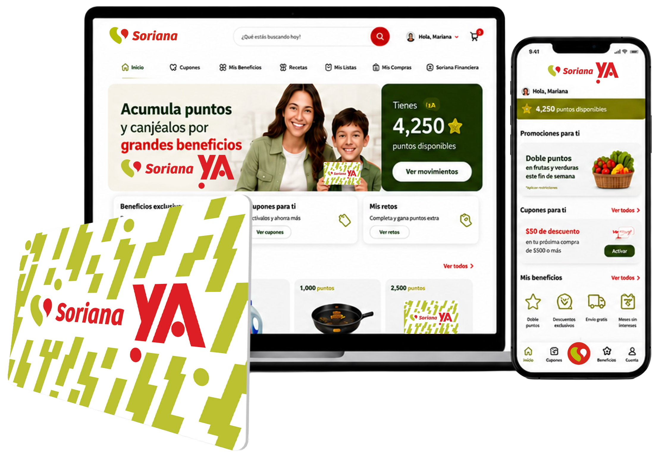 Mockup: laptop, tarjeta y celular de Soriana YA